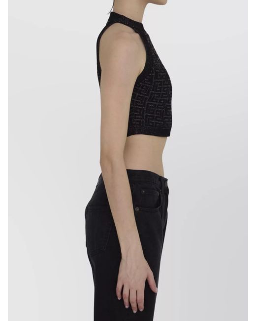 Balmain Black Labyrinth Ribbed Crop Top