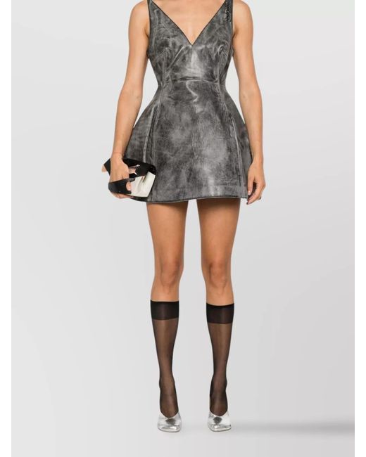 Marni Gray Leather Sleeveless Plunging V-Neck Flared Mini Dress