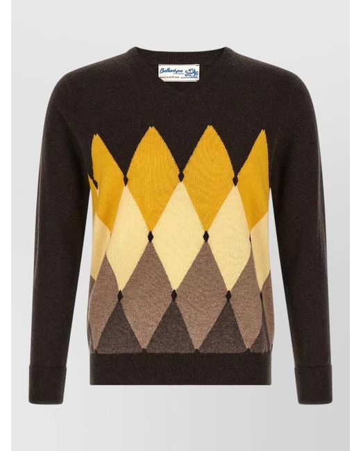 Ballantyne Black Cashmere V-Neck Regular-Fit Diamond-Intarsia Jumper for men