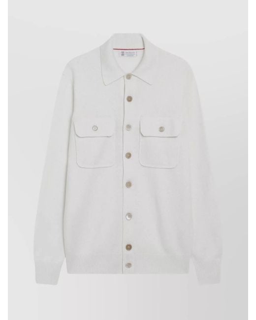 Brunello Cucinelli White Cashmere Cardigan With Chest Pockets And Long Sleeves for men