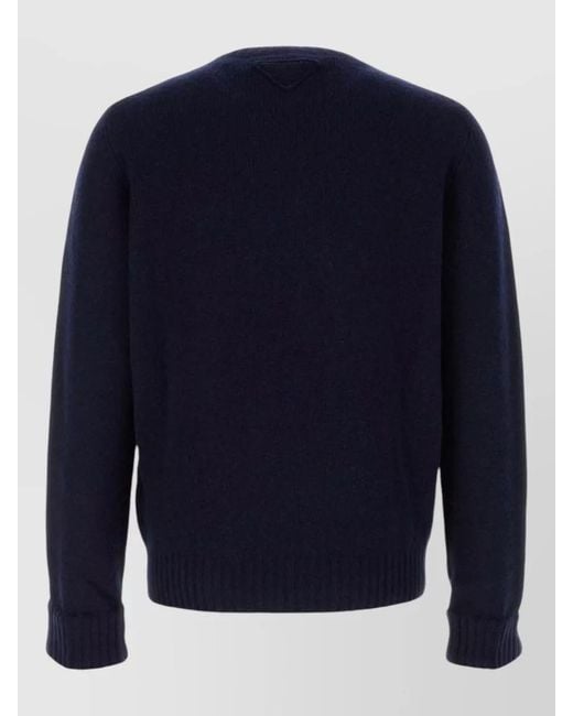 Prada Blue Wool Crew Neck Color Block Sweater for men