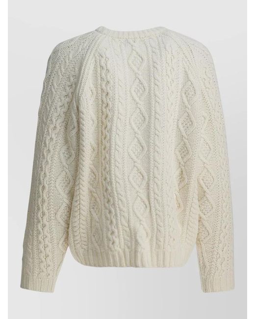 Sandbeige White Cable Knit Crew Neck Long Sleeve Sweater