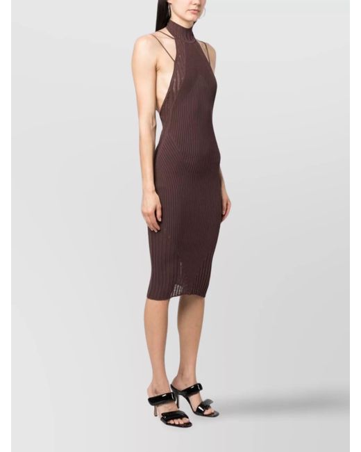 ANDREADAMO Purple Ribbed Halterneck Paneled Knitted Midi Dress