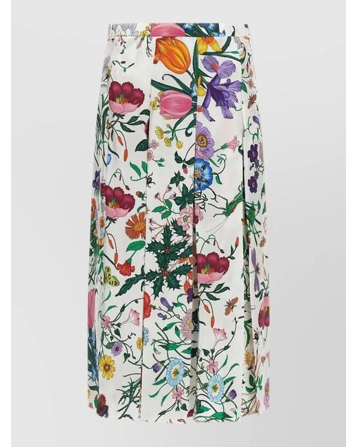 Gucci White Flora Print High Waist Midi Silk Skirt