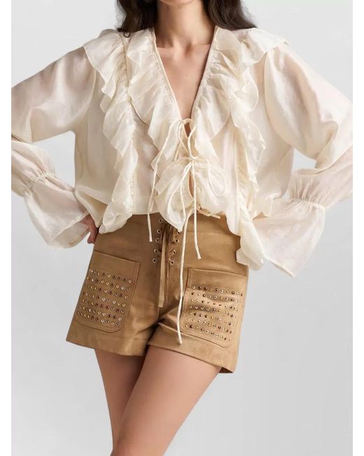 PHO® Firenze Natural Shorts Long Sleeves Ruffled Blouse Studded Pockets