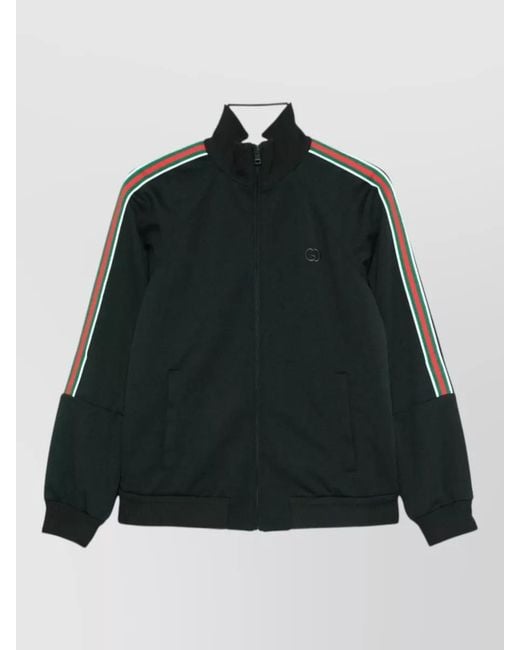 Gucci Black High Collar Jacket Ribbed Cuffs Stripes