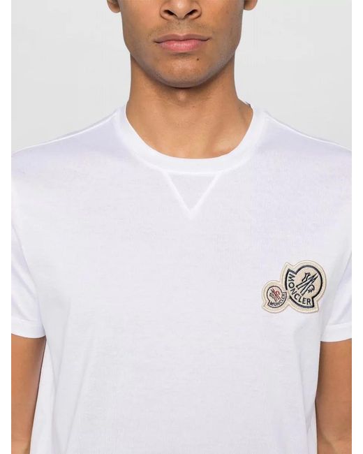 Moncler White Cotton T Shirt Featuring Dual Logo Patch for men