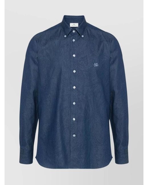 Etro Blue Cotton Paisley Logo Button-Down Shirt for men