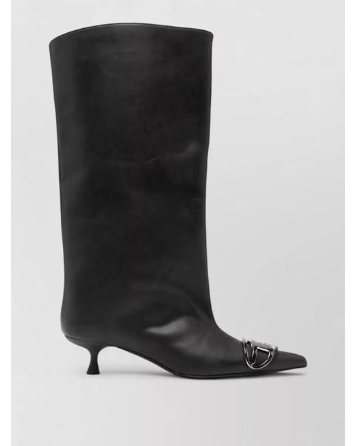 DIESEL Black High Shaft Kitten Heel Metallic Toe Boots