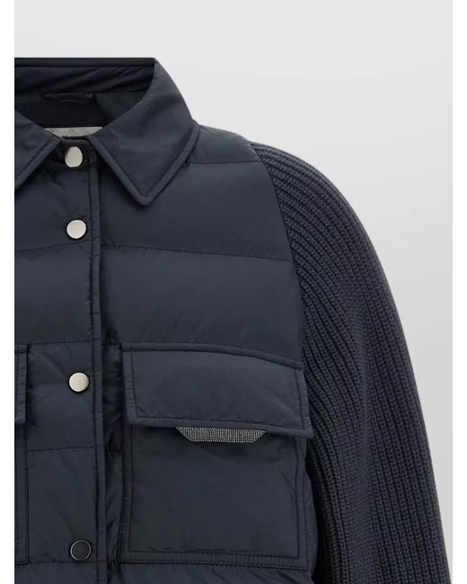 Brunello Cucinelli Blue Down Jacket Knit Sleeves Shirt Collar