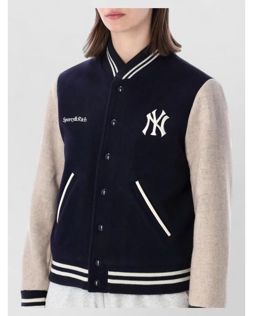 Sporty & Rich Blue Yankees Varsity Wool Jacket Contrast Sleeves