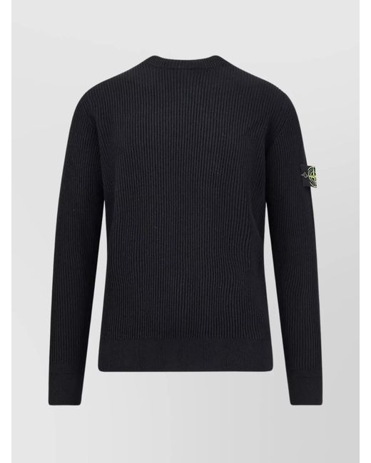 Stone Island Blue Ribbed Virgin Wool Crewneck Sweater for men