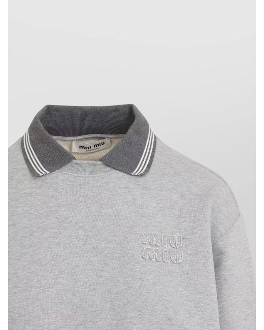 Miu Miu Gray Sweatshirt Long Sleeves Contrast Collar Ribbed Hem