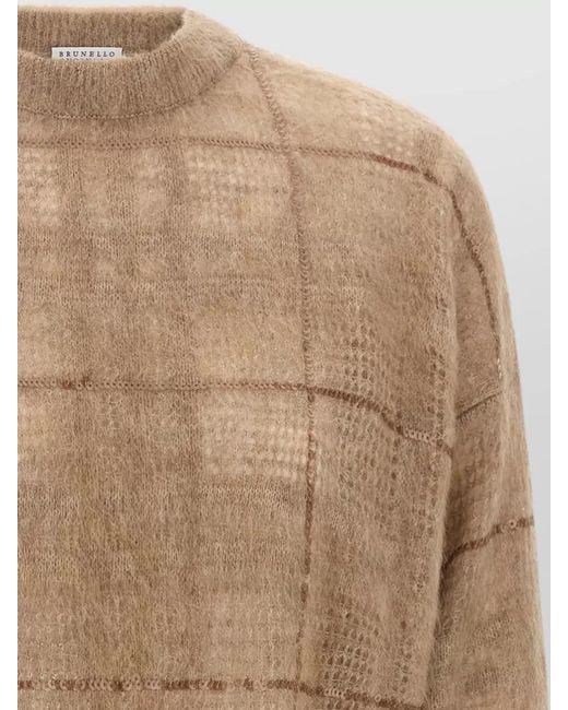 Brunello Cucinelli Natural Sequin Check Mohair Wool Crew Sweater