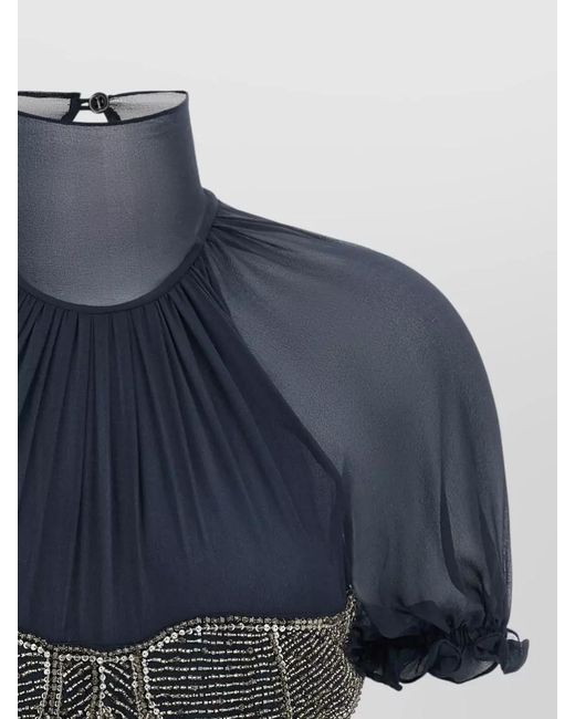 The Attico Blue Silk Beaded High Neck Short Sleeve Blouse