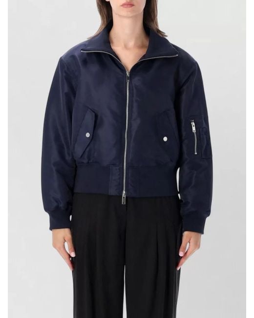 Frankie Shop Blue Cropped Bomber Jacket Long Sleeves Pockets