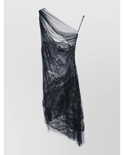 Elisabetta Franchi Gray One Shoulder Dress Sheer Overlay Design