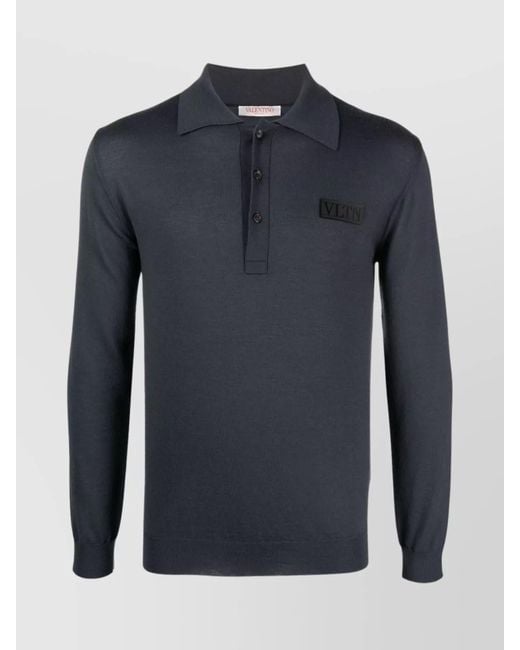 Valentino Garavani Blue Virgin Wool Long-Sleeve Polo Shirt for men