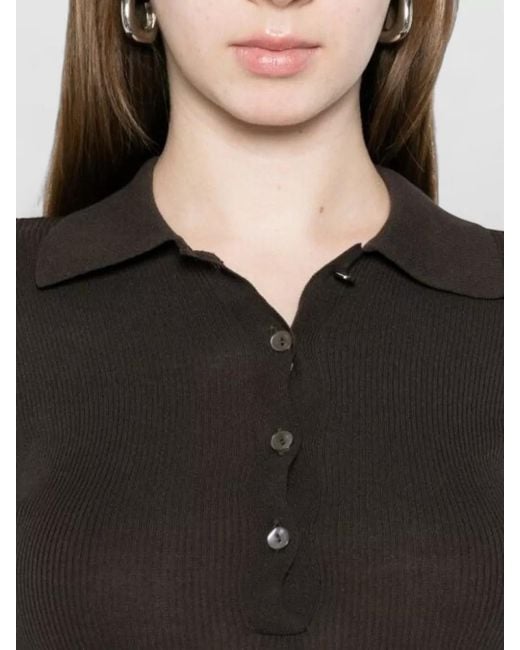 P.A.R.O.S.H. Black Short Sleeves Ribbed Texture Polo Collar Top