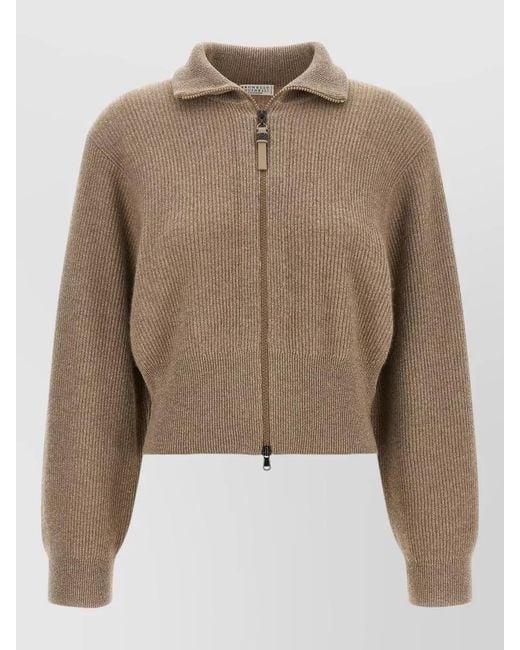 Brunello Cucinelli Natural Cashmere Lamé Zip Cardigan Cropped