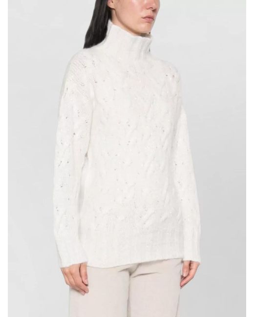 Fabiana Filippi White Cashmere Wool Cable-Knit Sequin-Embellished Turtleneck Sweater