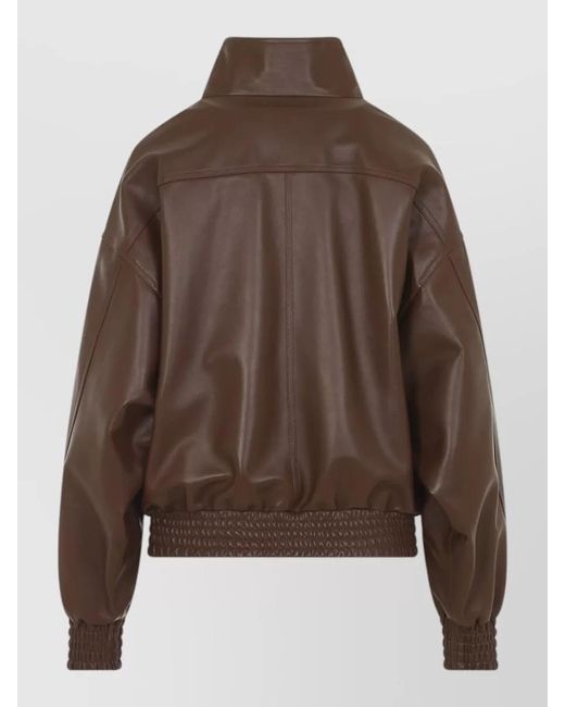 Balenciaga Brown High Collar Leather Bomber Jacket Coat