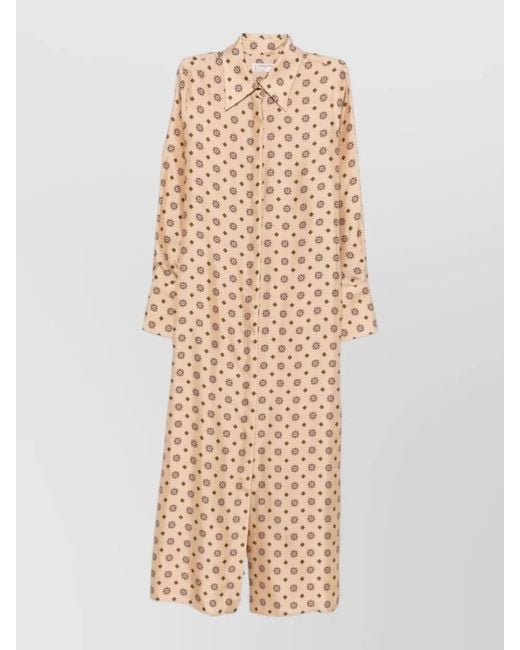 Alberto Biani Natural Silk Printed Long-Sleeve Shirt Midi Dress