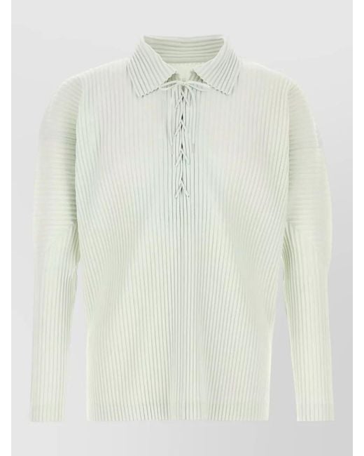 Homme Plissé Issey Miyake White Polyester Polo Shirt Collared Design Long Sleeves for men