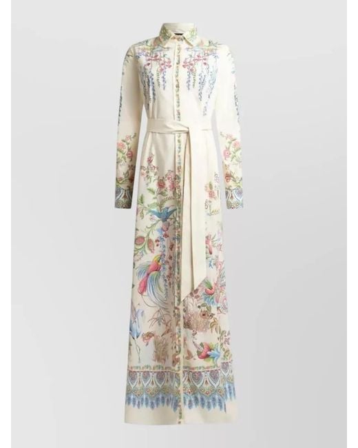 Etro White Floral Shirt Dress Long Sleeves Embroidery Belt