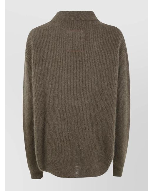 Uma Wang Green Raccoon Fur Ribbed V-Neck Long-Sleeve Sweater