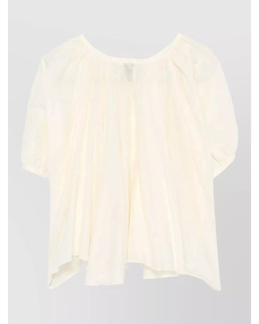 120% Lino Natural Linen Cropped Blouse Ruffled Short Sleeves