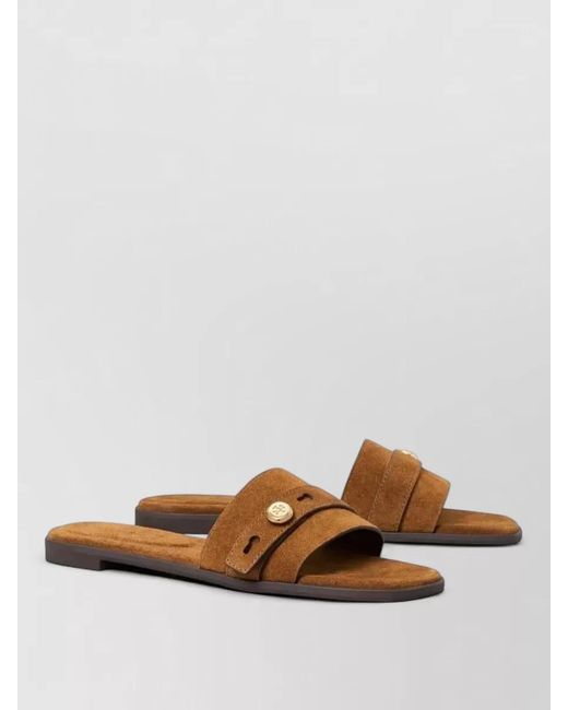 Tory Burch Brown Romy Suede Slide Sandal Button Strap