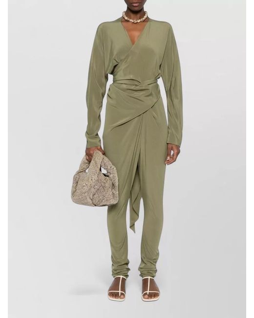 Cortana Green Silk Wrap Jumpsuit Long Sleeves Tie Waist