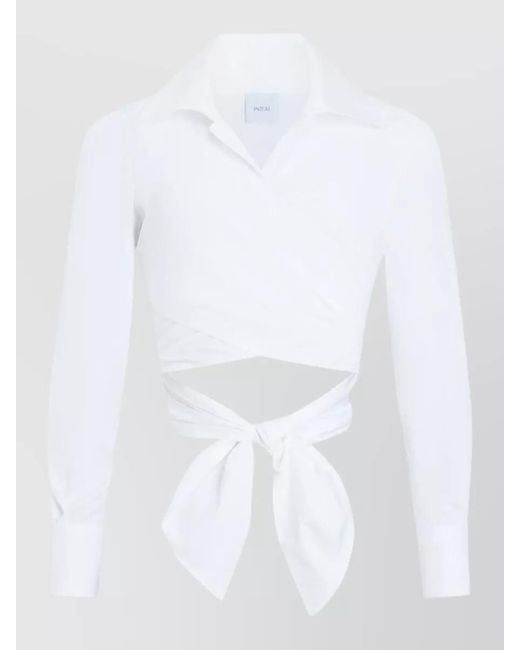 Patou White Wrap Cropped Top Long Sleeves Collar