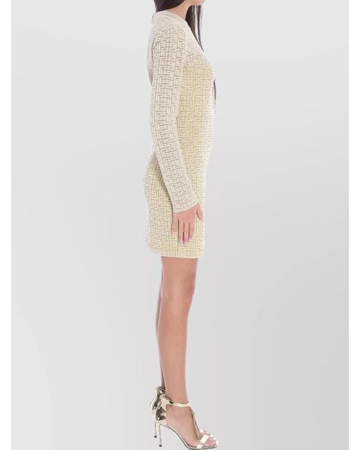 Balmain Natural Metallic Knit Monogram Long-Sleeve Mini Dress