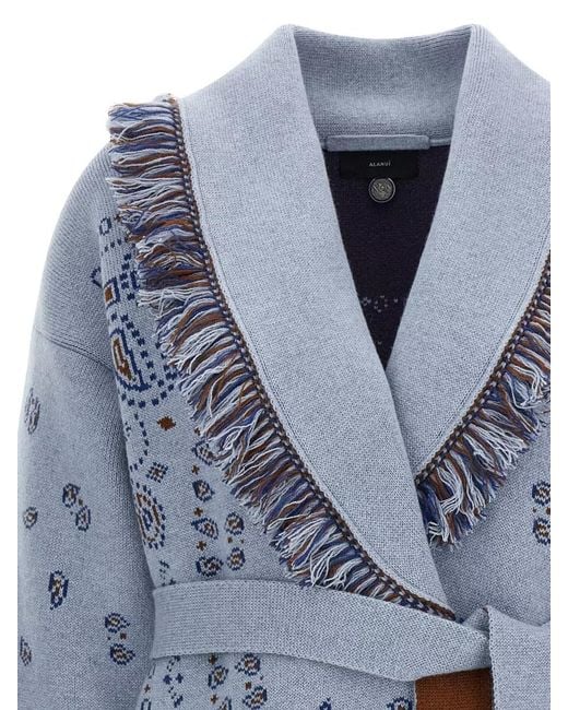 Alanui Blue Bandana Cardigan Belt Waist Shawl Collar