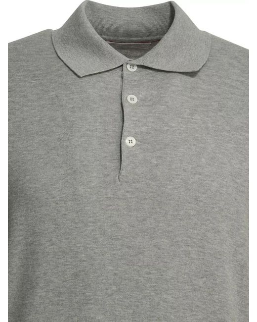 Brunello Cucinelli Gray Polo Shirt Button Placket Ribbed Cuffs Hem for men