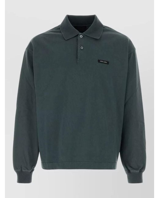 Prada Green Long Sleeve Cotton Polo Shirt Regular Fit for men