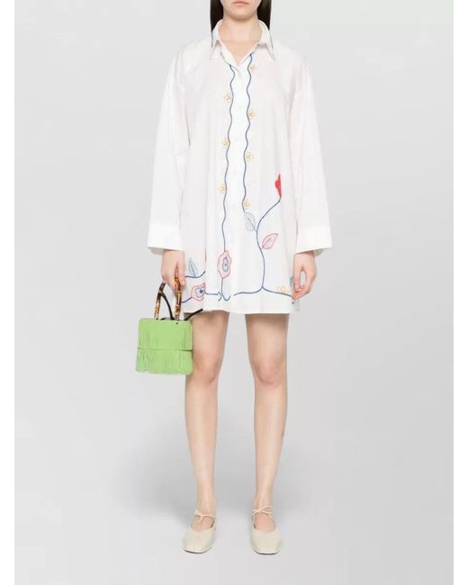 Forte_forte White Cotton Shirt Dress Tailored Collar Floral Embroidery