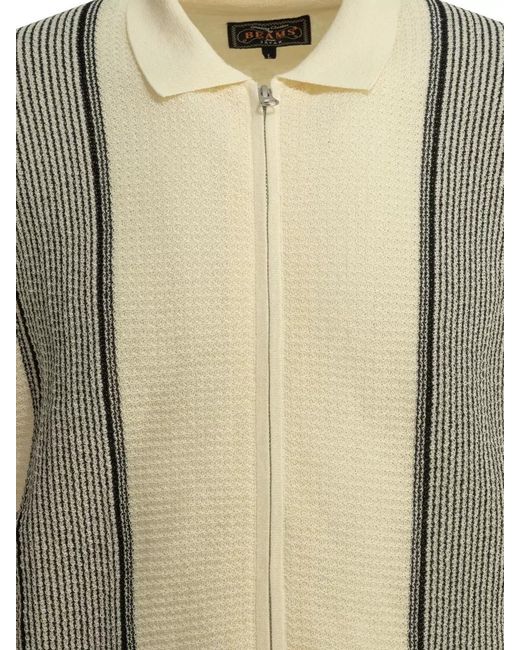 Beams Plus Natural Textured Knit Zip Polo Shirt for men