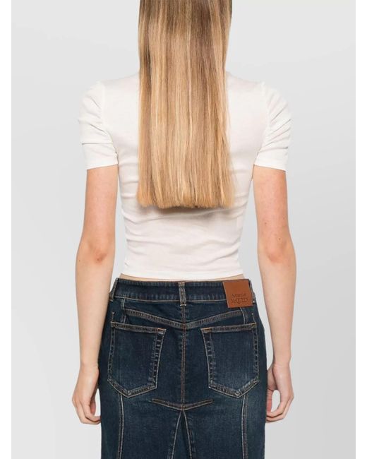 Pinko White Ruched Semi Sheer Logo Patch Cotton T Shirt