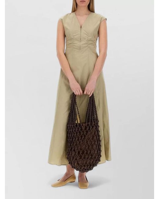 Alysi Natural Poplin Dress Ruched Maxi V Neckline