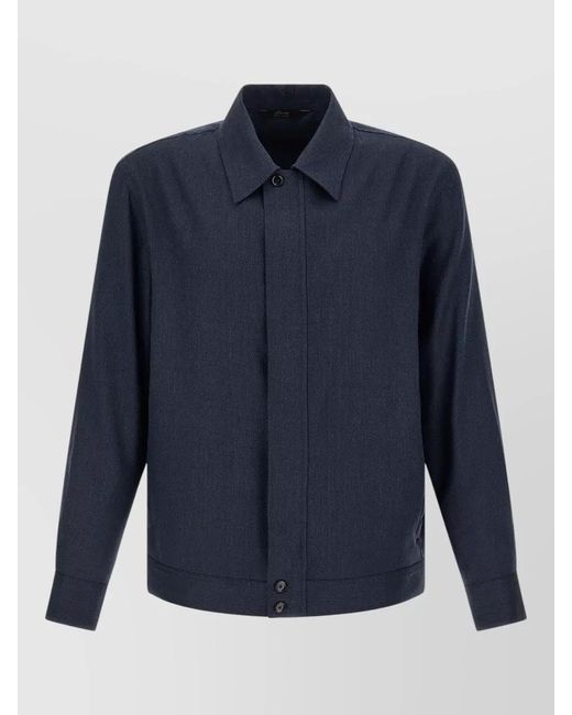 Brioni Blue Linen Wool Jacket Collared Long Sleeves for men