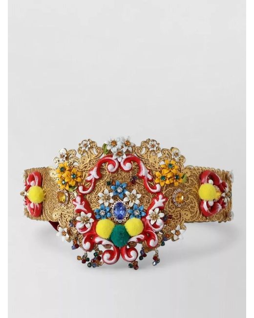 Dolce & Gabbana Brown Carretto Floral Crystal Waist Belt Wide