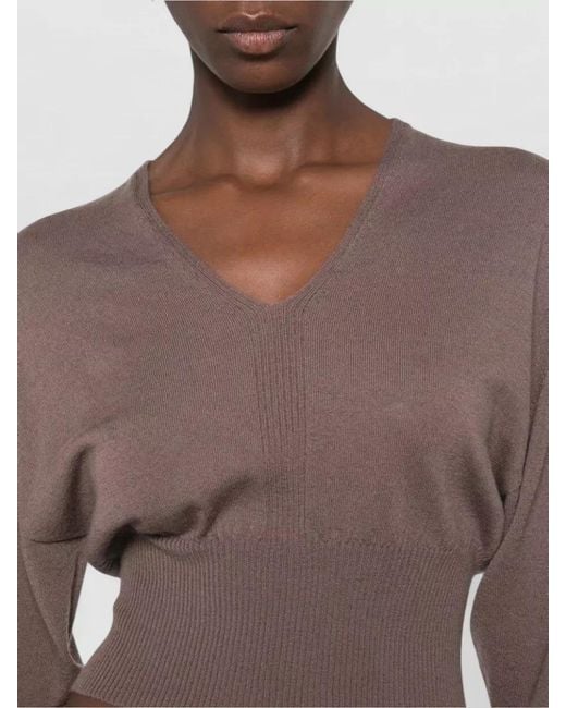 Rick Owens Brown V Neck Cropped Wool Long Sleeve Top