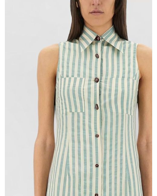 Alysi Green Striped Sleeveless Chemisier Dress Side Slit