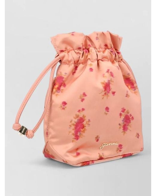 Ganni Pink Floral Bucket Bag Ruffled Top Pouch