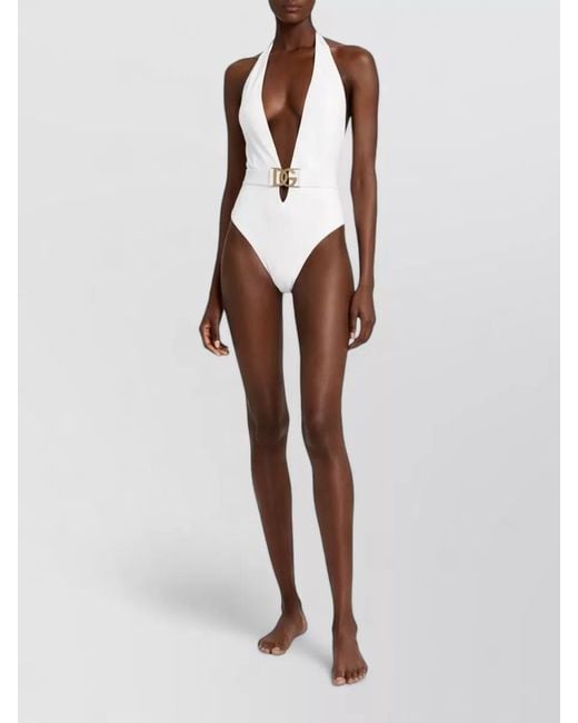 Dolce & Gabbana White Halterneck Belted Swimsuit