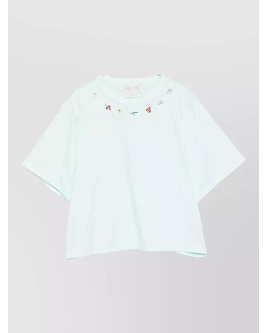 Forte_forte White Cotton T Shirt Cropped Round Neck Embroidery