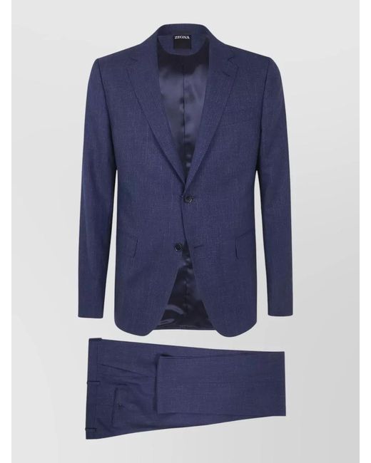 Zegna Blue Tailoring Suit Flat Front Trousers Notch Lapel for men
